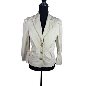 bebe Womens Size 8 Khaki Pinstripe Puff Sleeve Fitted Blazer Jacket Y2K USA